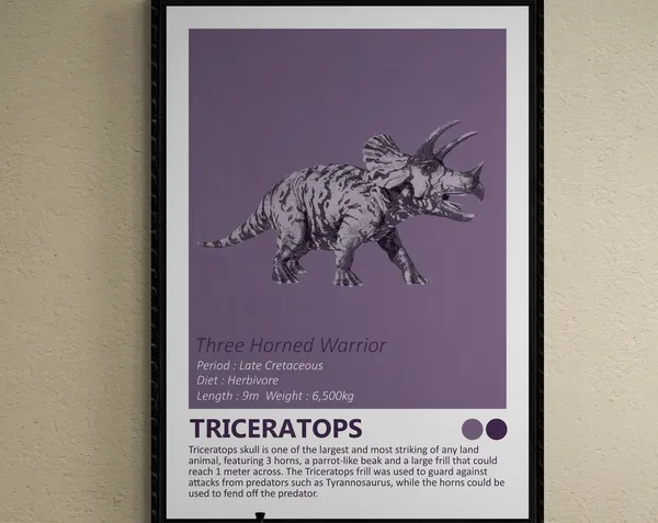 Triceratops Dinosaur Fact Sheet Art, Minimalist Kids Decor