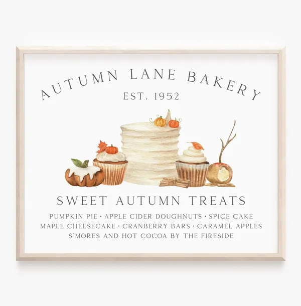 Vintage Autumn Bakery Sign Art Print, Fall Farmhouse
