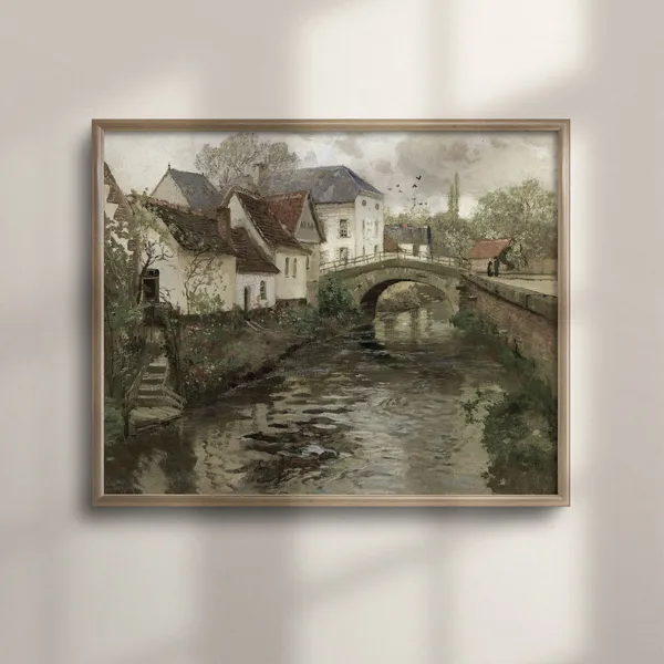 Rustic European Village Landscape Art Print, Belgium Canal