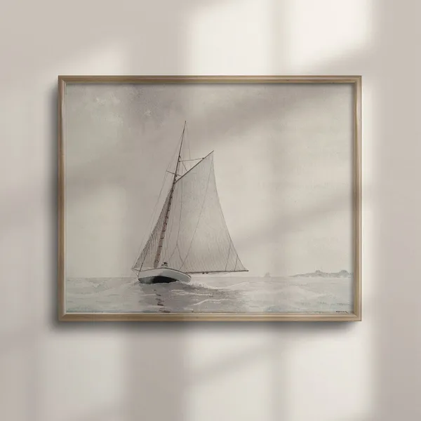 Vintage Sailboat Painting, Neutral Nautical Art Print