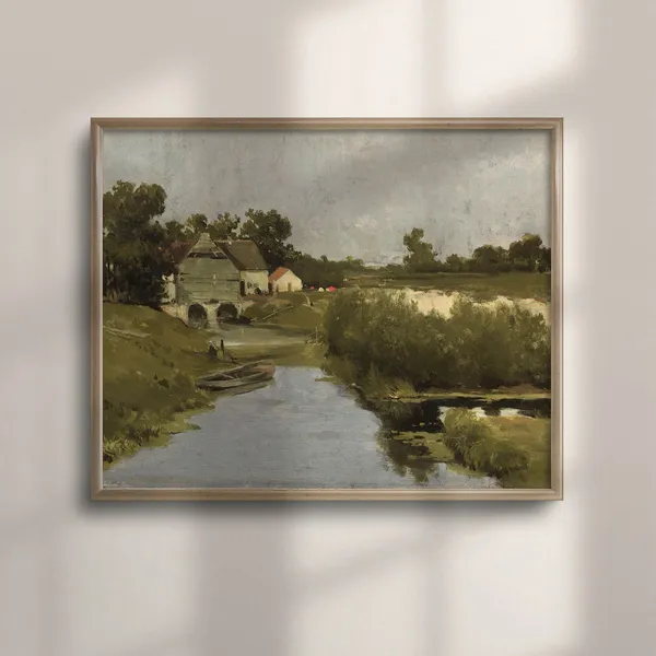 Vintage Country Landscape River Art Print, Farmhouse Decor