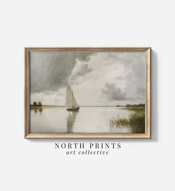 Lake Sailboat Painting, Nautical Neutral Bedroom Print