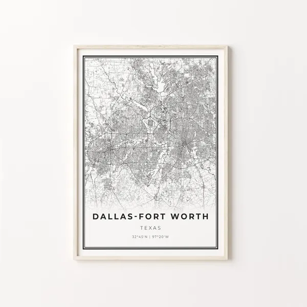 Dallas Fort Worth DFW Map Poster, Modern Black and White