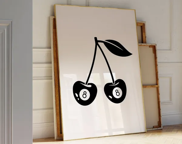 Retro 8 Ball Cherries Art Print, Funky Bar Decor