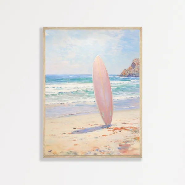 Pink Surfboard Retro Beachy Art Print, Pastel Seascape