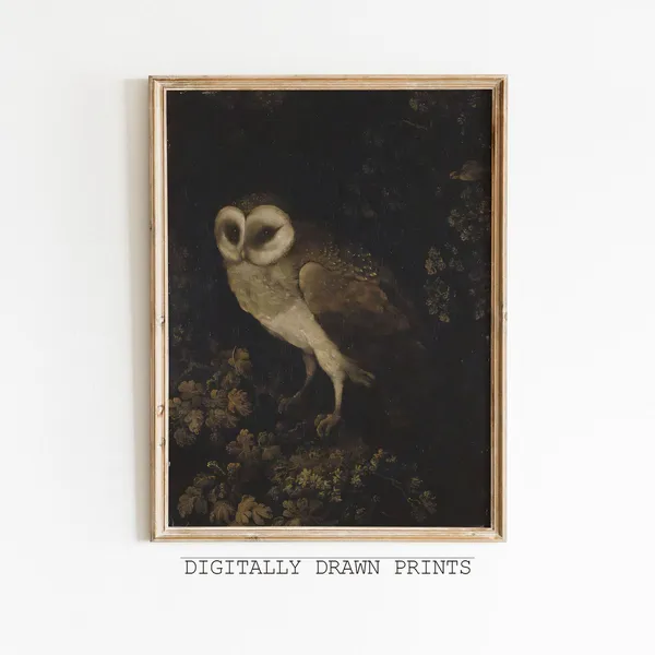 Halloween Antique Owl Painting, Dark Academia Art Print