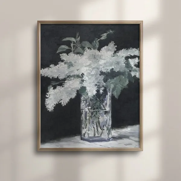 Vintage White Lilacs Floral Art Print, Farmhouse Decor