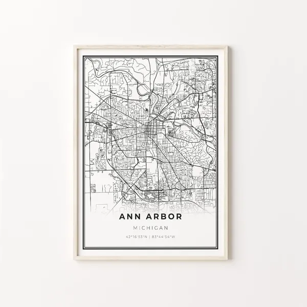 Ann Arbor City Map Art Poster, Modern Black and White