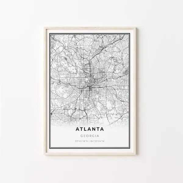 Atlanta City Map Art Poster, Modern Black and White
