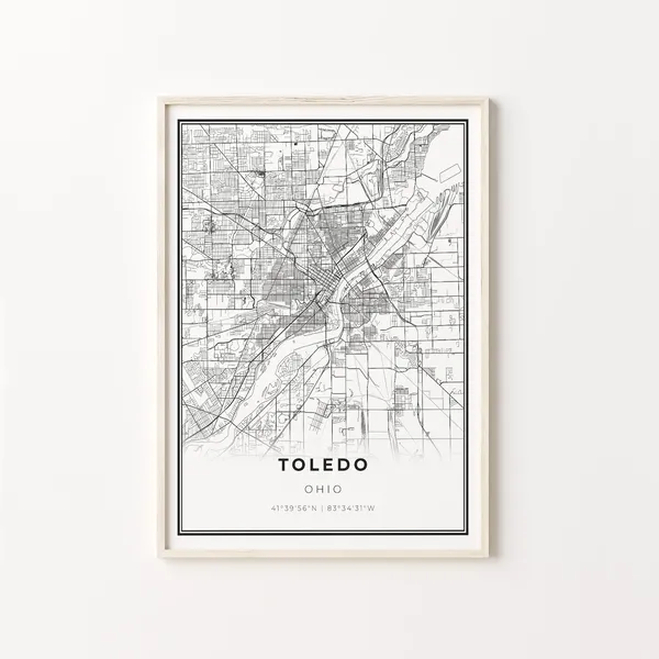 Toledo City Map Art Poster, Modern Black And White