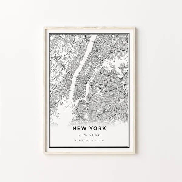 New York City Map Art Poster, Modern Black and White