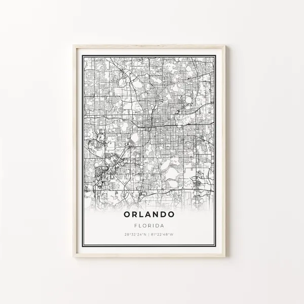 Orlando City Map Art Poster, Black and White