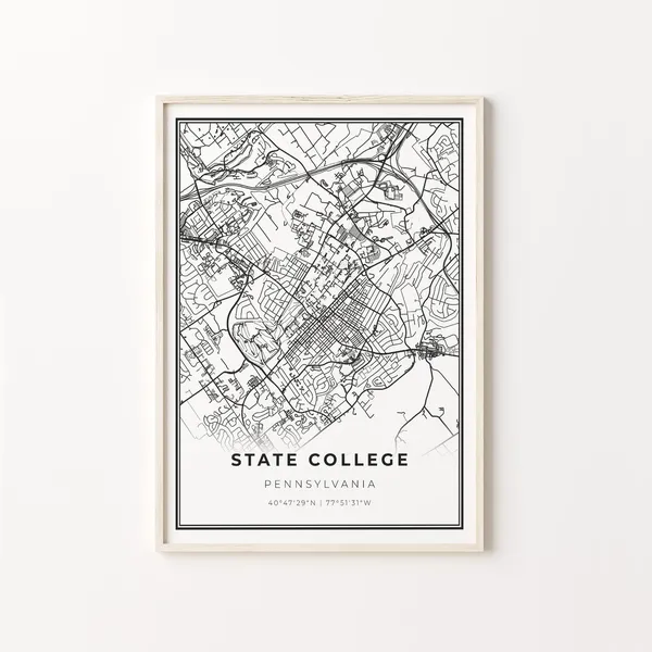 State College City Map Poster, Modern Black and White
