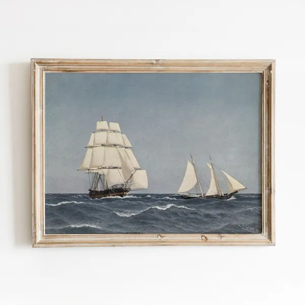 Pursuit At Sea Vintage Ships Seascape Art Print