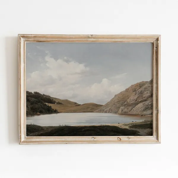 Hammers Vintage Danish Landscape Painting, Lake and Mountains