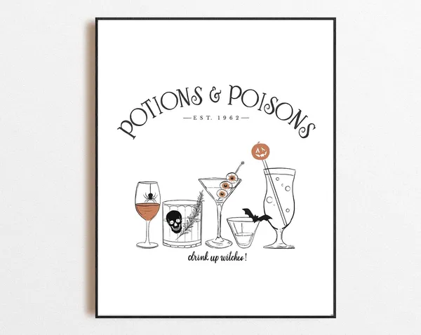 Halloween Bar Cart Drinks Line Art Print