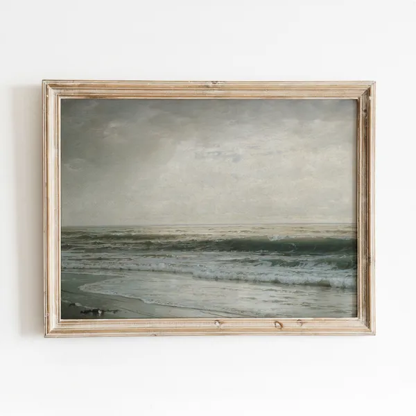 Moody Green Beach Vintage Ocean Seascape Art Print