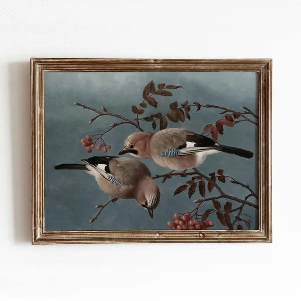 Birds and Berries Vintage Nature Art Print