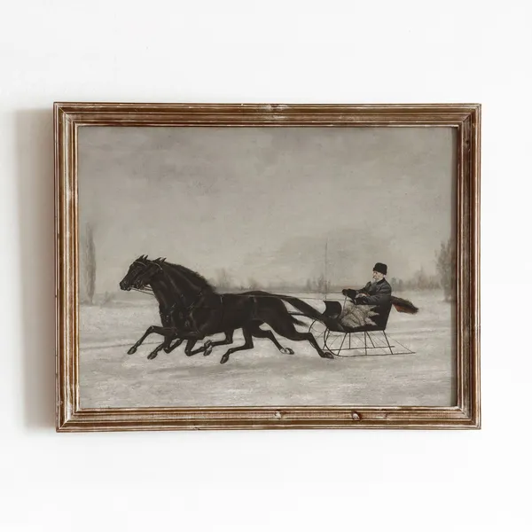 Horse Drawn Sleigh Vintage Winter Christmas Art Print