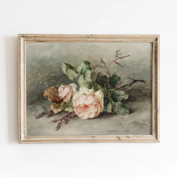 Pale Pink Roses Still Life, Vintage Watercolor Print