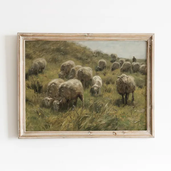 Grazing Sheep Vintage Animal Landscape Painting Art