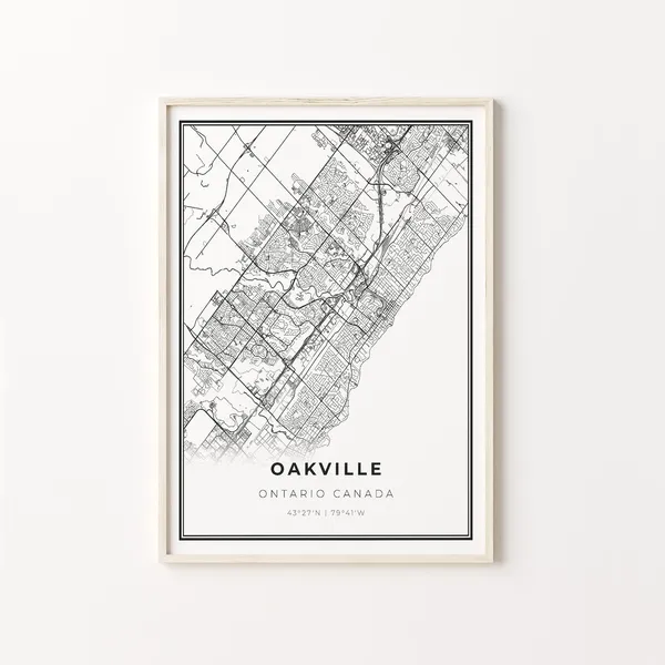 Oakville City Map Art Print, Modern Black And White
