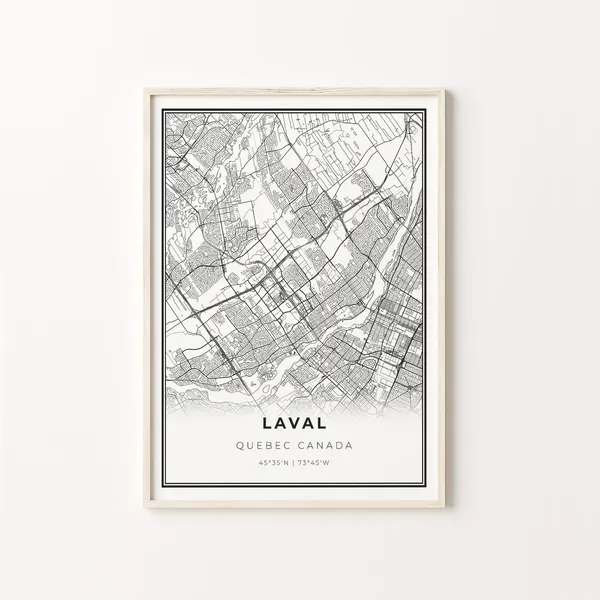Laval City Map Art Print, Black and White Style