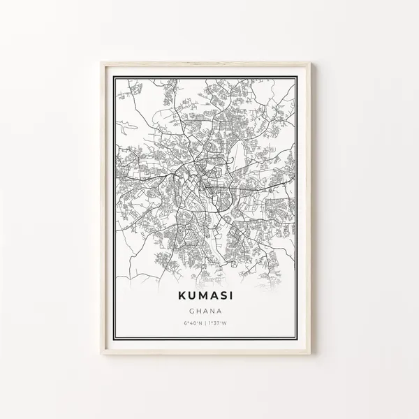 Kumasi City Map Art Print, Modern Black and White