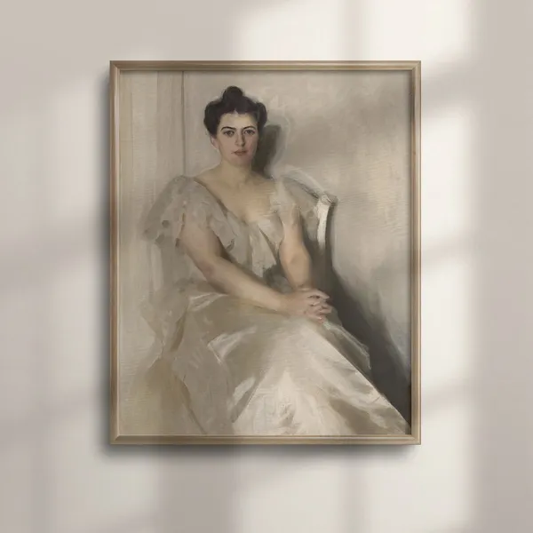 Vintage Portrait Art Elegant Woman in White Dress