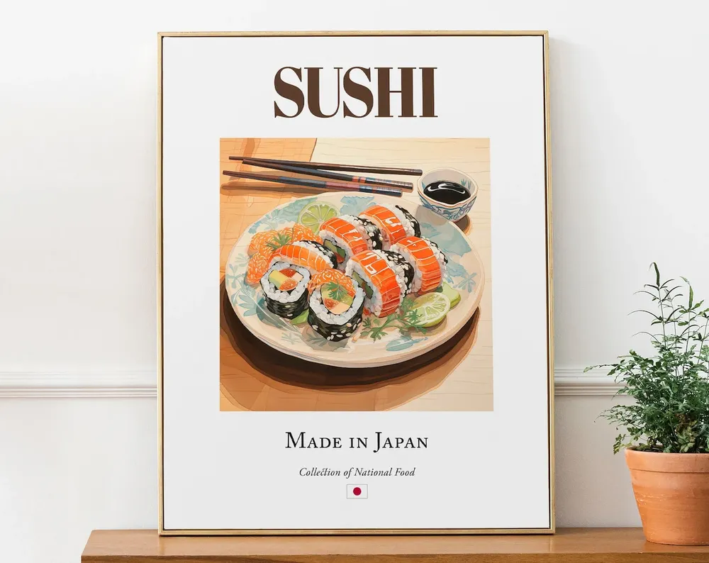 Sushi on Folk Tile Plate, Japanese Food Art Print