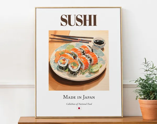 Sushi on Folk Tile Plate, Japanese Food Art Print