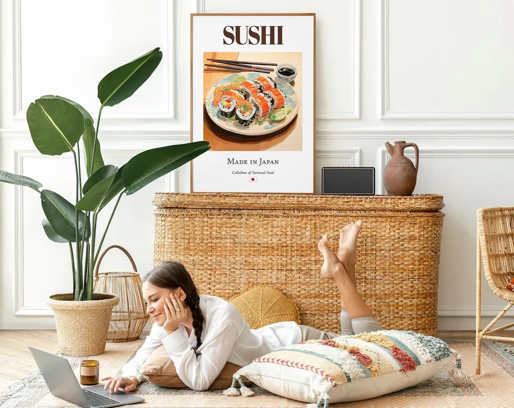 Sushi on Folk Tile Plate, Japanese Food Art Print - Image 2