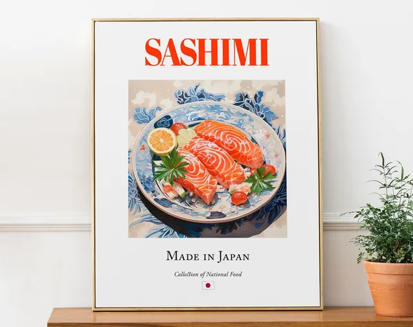 Sashimi on Maiolica Tile Plate, Japanese Food Poster