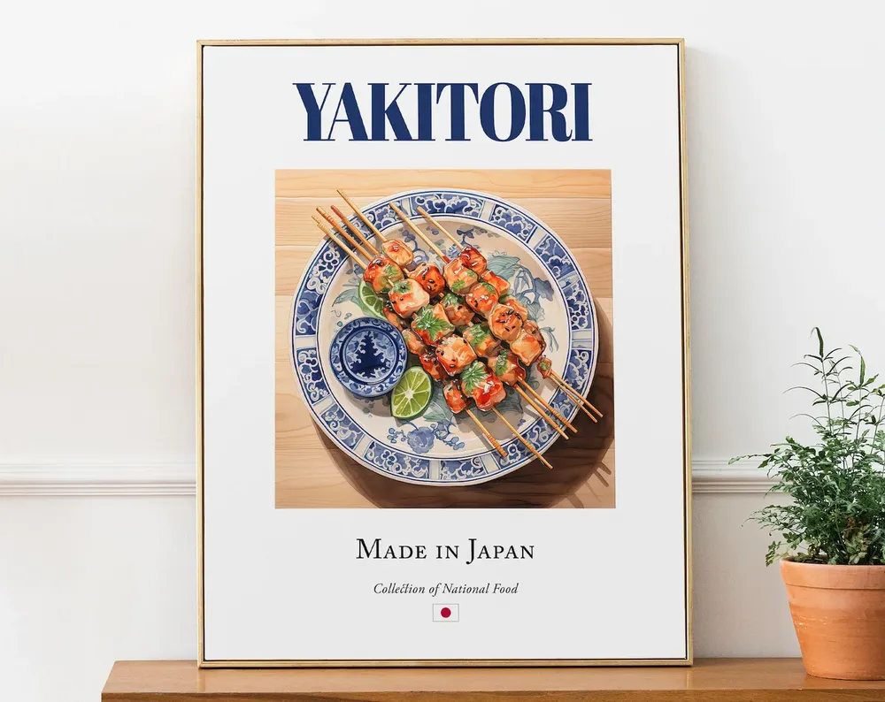 Yakitori on Maiolica Tile Plate, Japanese Food Poster