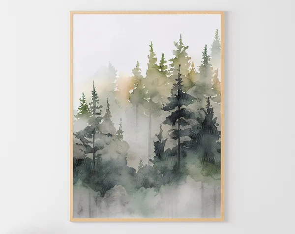 Misty Forest Watercolor Pine Trees Poster Print