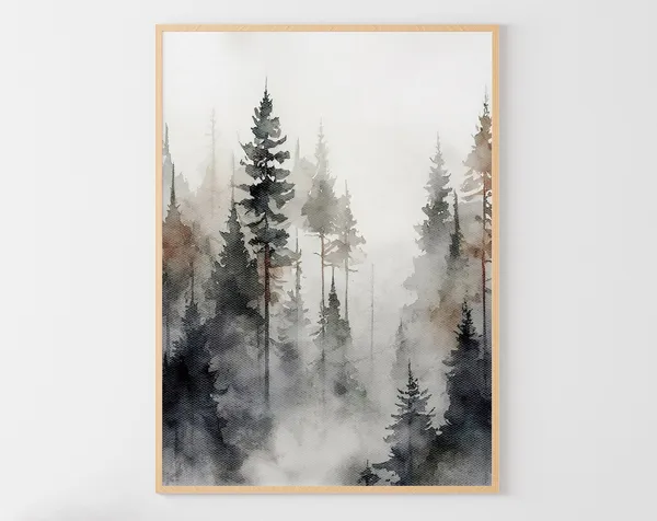 Pine Forest Watercolor Misty Landscape Art Print