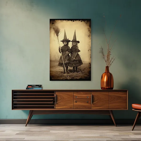 Little Witches Portrait, Victorian Witch Halloween Art Print