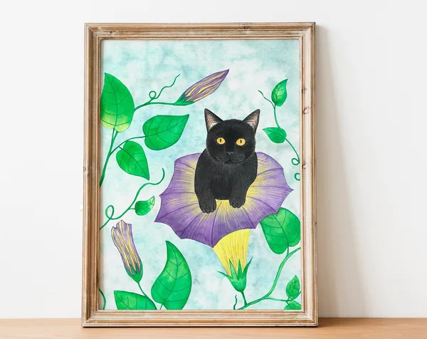 Black Cat Flower Illustration Art Print