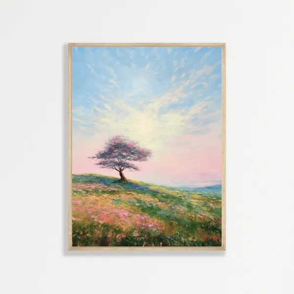 Lone Tree Retro Landscape Art Print, Pink Pastel