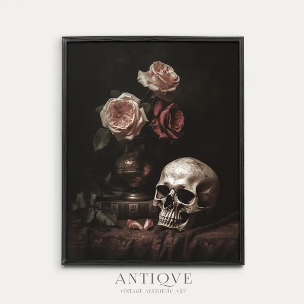 Moody Skull and Roses Goth Decor Halloween Art Print
