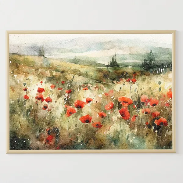 Tuscany Poppy Field Watercolor Landscape Art Print