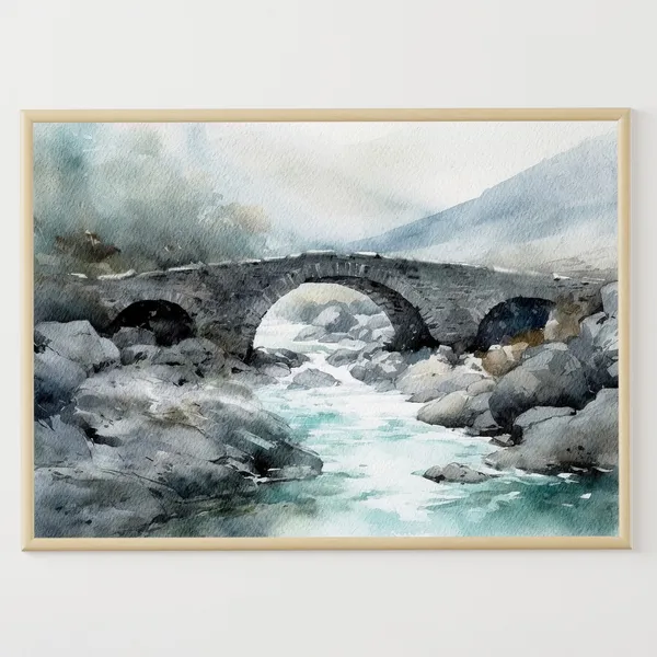 Isle of Skye Watercolor Travel Poster, Scottish Bridge