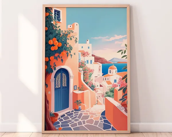 Greek Cottage Travel Poster, Greece Wall Decor
