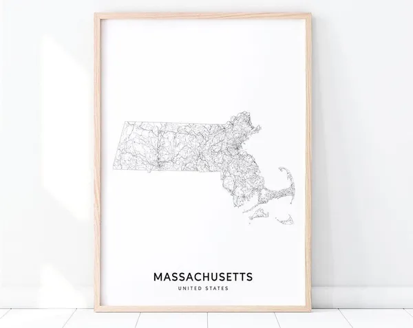 Massachusetts Map Print, Modern Office Decor Poster