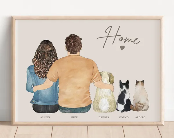 Personalized Pet Portrait Family Print, Dog Lover Gift