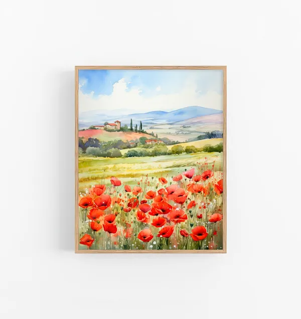 Tuscany Poppie Fields Watercolor Art Print