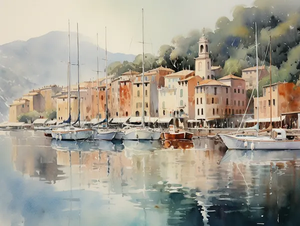 Portofino Watercolor Art Print, Italian Cityscape