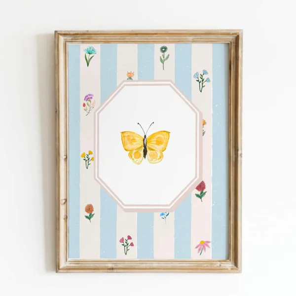 Blue Vintage Floral Butterfly Nursery Art Print