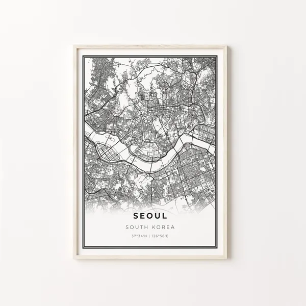 Seoul City Map Art Print, Modern Black and White