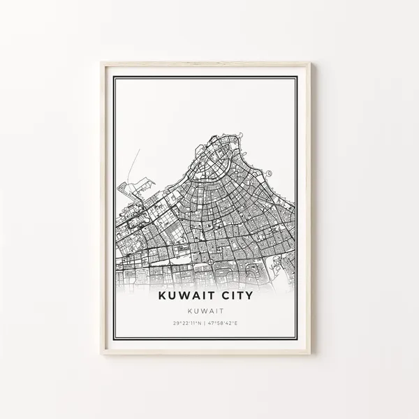 Kuwait City Print Map Art Poster, Modern Black and White